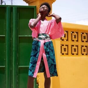 Studio 189 x Okay Africa Pink Blue Green Kimono Open Cardigan Silk Cotton Medium